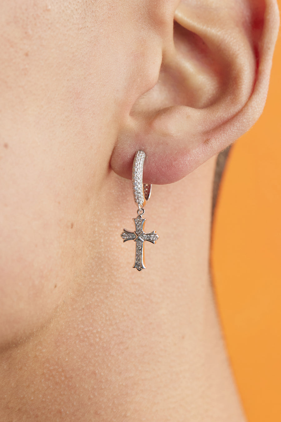 925 Iced Cross Earrings - White Gold